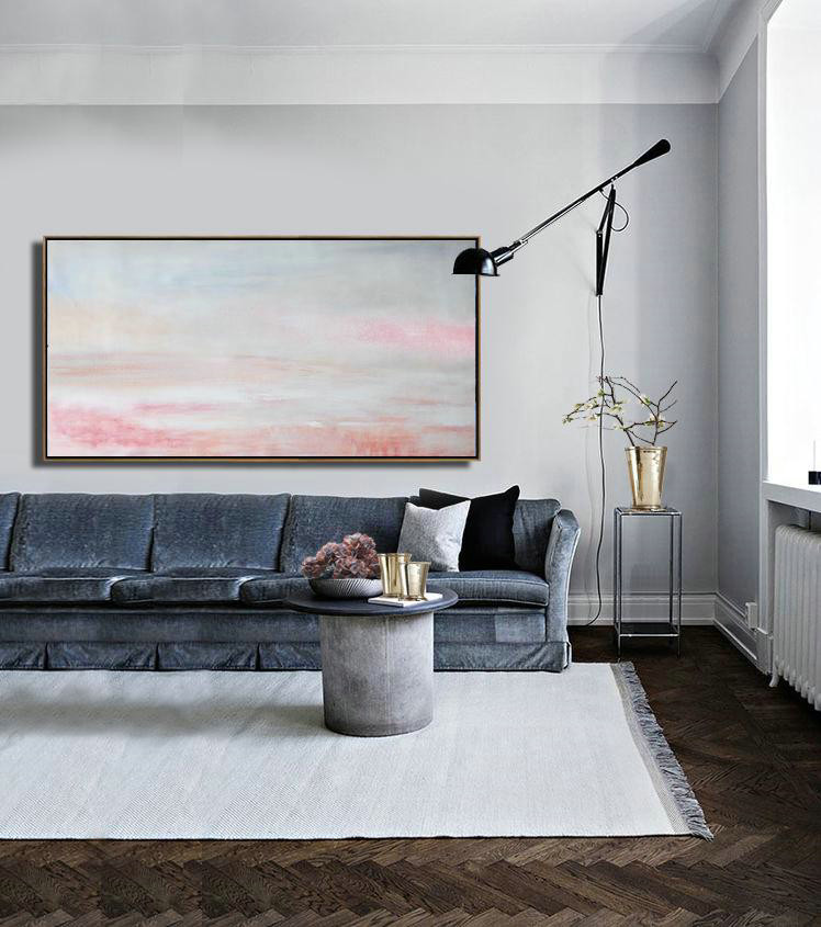 Handmade Large Painting,Large Panoramic Abstract Landscape Art On Canvas,Hand Painted Acrylic Painting,Grey,Pink,White.etc